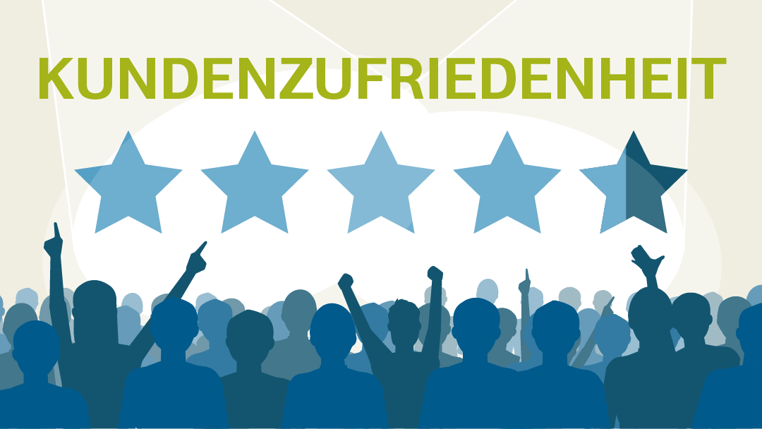 Illustration zu Kundenzufriedenheit: Ein jubelndes Publikum und fünf Sterne im Rampenlicht, viereinhalb sind ausgefüllt