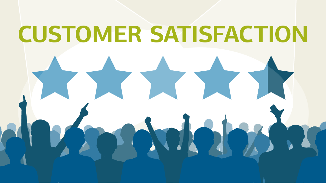 Illustration of customer satisfactiont: A cheering audience and five stars in the spotlight, four and a half are filled in