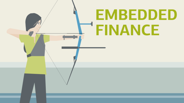 Illustration zu Embedded finance: Eine Sportlerin zielt mit Pfeil und Bogen
