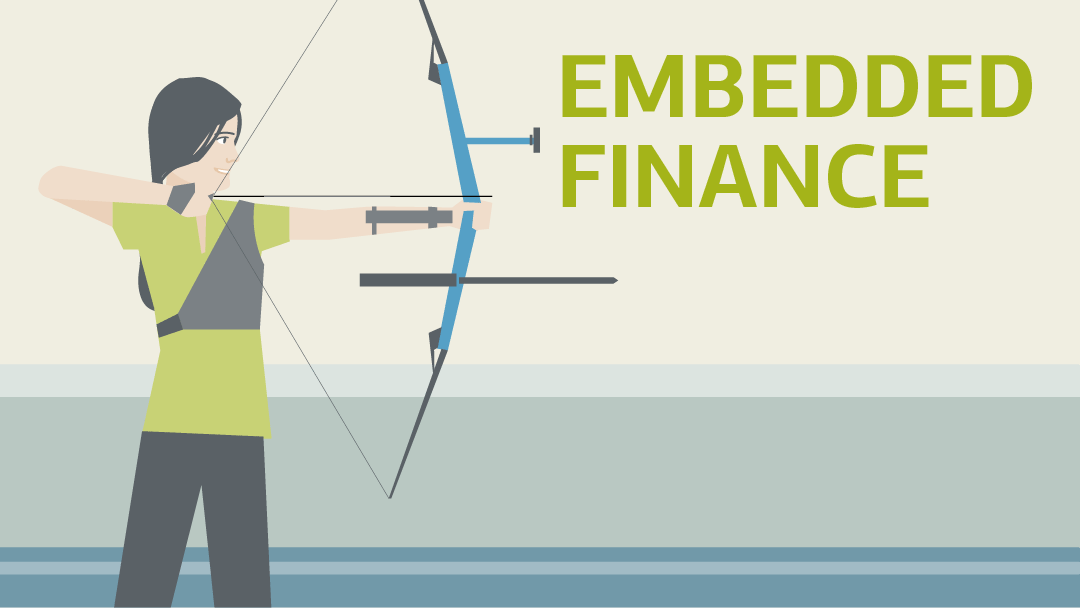Illustration zu Embedded finance: Eine Sportlerin zielt mit Pfeil und Bogen