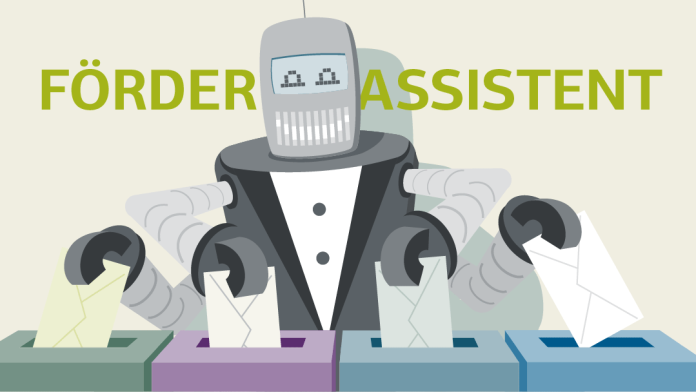 Illustration zum Förderassistent: Roboter steckt mit vier Armen Briefe in Urnen.
