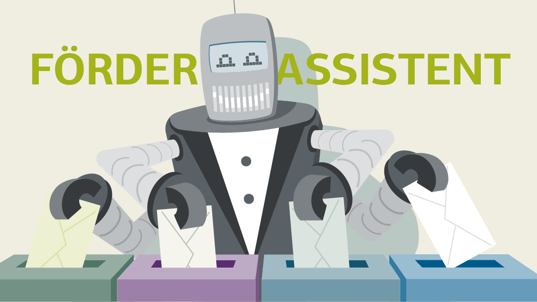 Illustration zum Förderassistent: Roboter steckt mit vier Armen Briefe in Urnen.