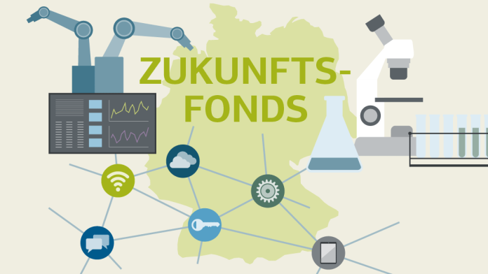 Illustration zu Zukunftsfonds: Deutschlandkarte mit technischen Symbolen