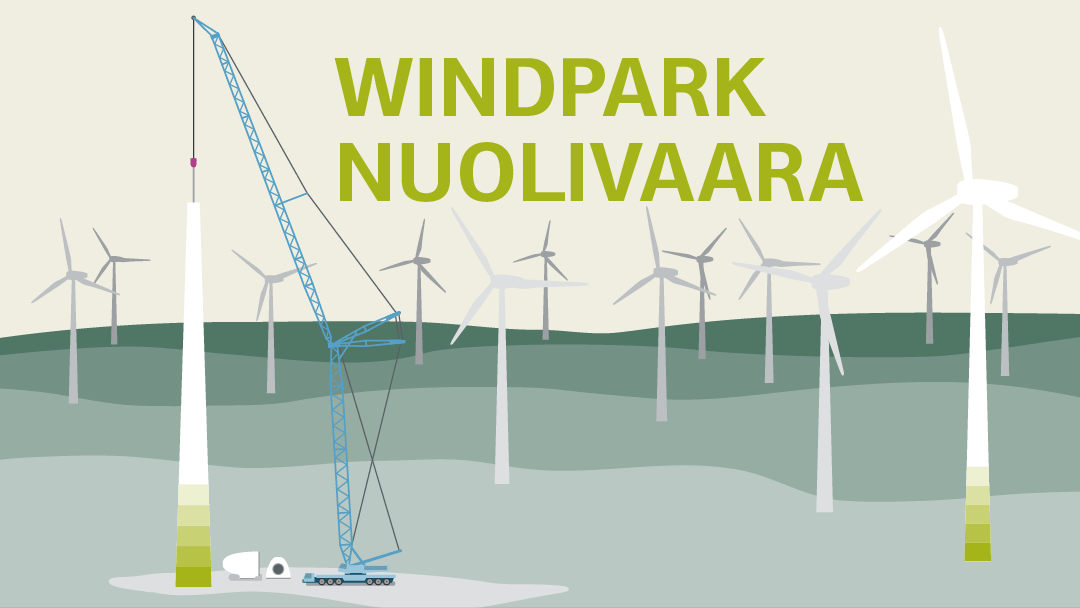 Illustration zum Windpark Nuolivaara: mehrere Windkraftanlagen in grüner Landschaft, eine Windkraftanlage wird mit einem großen Kran neu errichtet
