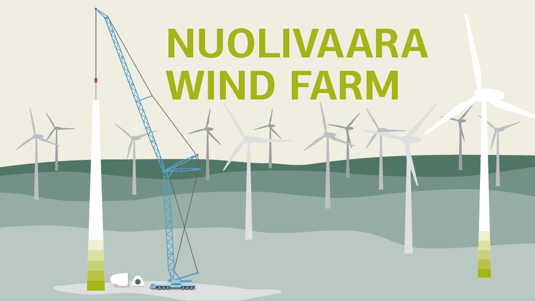 Illustration for Nuolivaara wind farm: Wind turbines in green landscape, a wind turbine is newly installed with a large crane