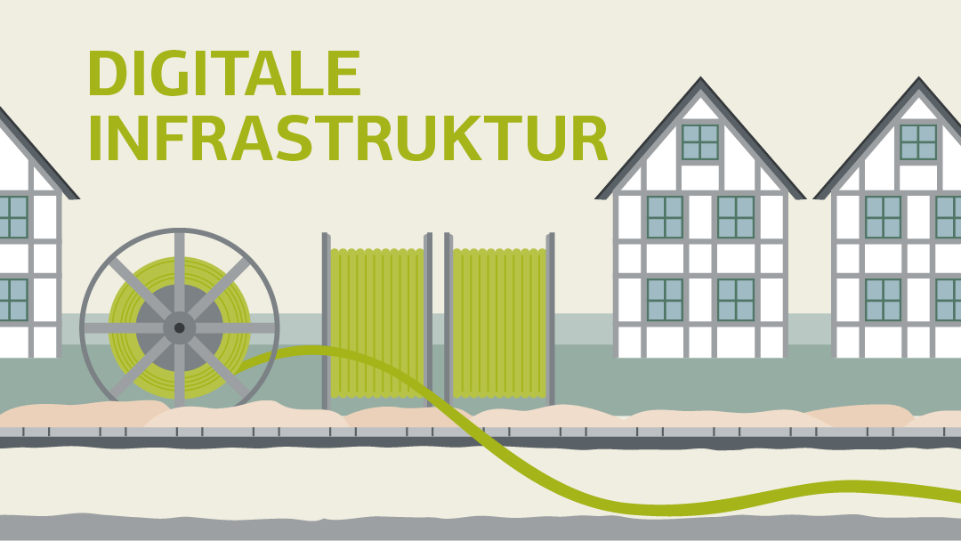 Illustration zu digitaler Infrastruktur: Ein in einem Graben verlegtes dickes Kabel und mehrere Kabeltrommeln vor Häusern