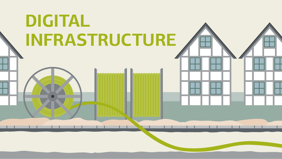 Illustration for digital infrastructer: A thick cable laid in a trench and several cable drums in front of houses