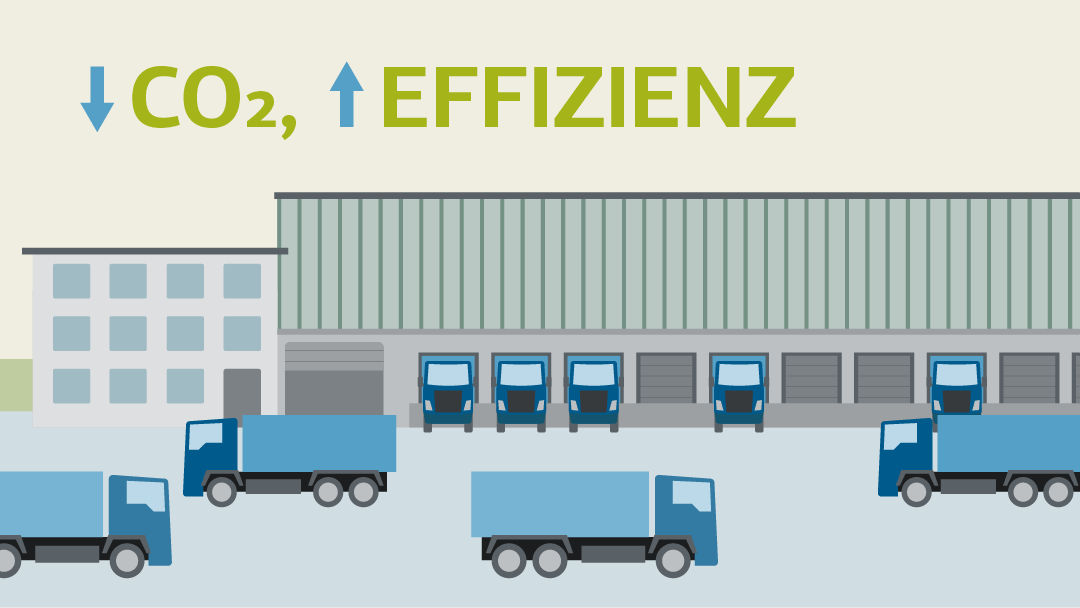 Illustration zur CO2-Einsparung und Effizienzsteigerung: LKWs vor Lager