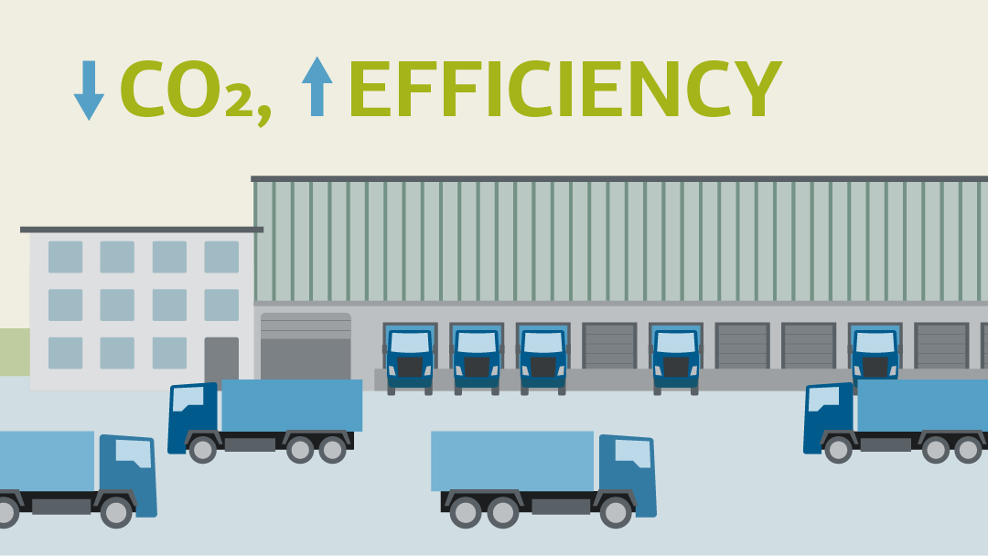 Illustration for carbon dioxide efficiency: lorries in front of industrial buildings