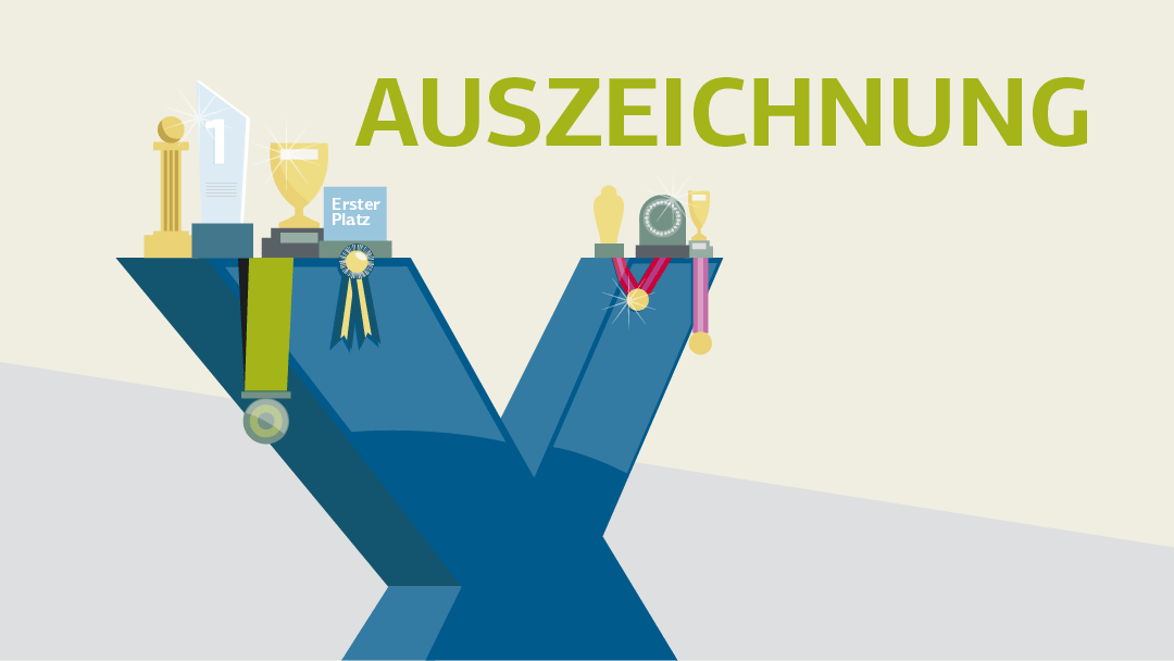 Illustration zu Auszeichnungen: Großes X (für KfW IPEX-Bank), auf den oberen Schenkeln des X liegen und hängen Awards