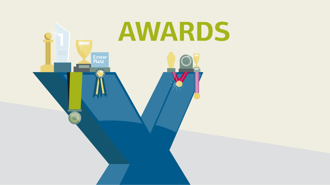Illustration for awards: a massive X (for KfW IPEX-Bank), trophys and medals are lying and hanging on the X