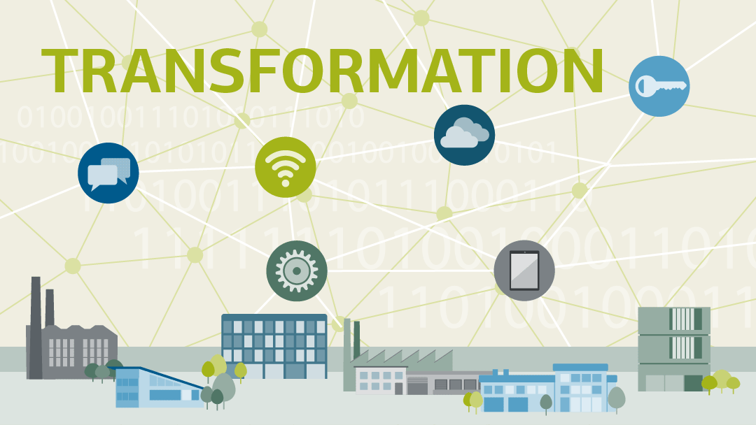 Illustration zu Transformation: verschiedene Industriegebäude, die über ein Netz miteinander verbunden sind