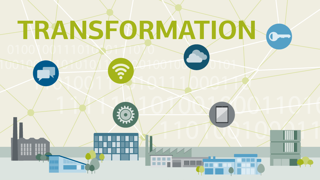 Illustration for transformation: several industrial buildings connected with each other by network lines