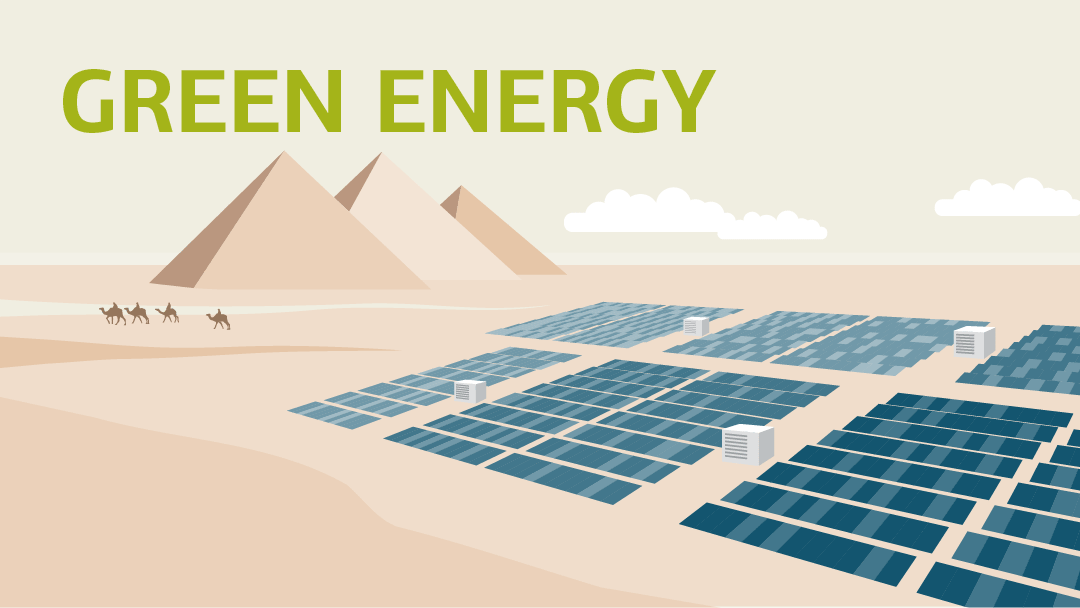 Illustration of a large solar field, pyramides in the background