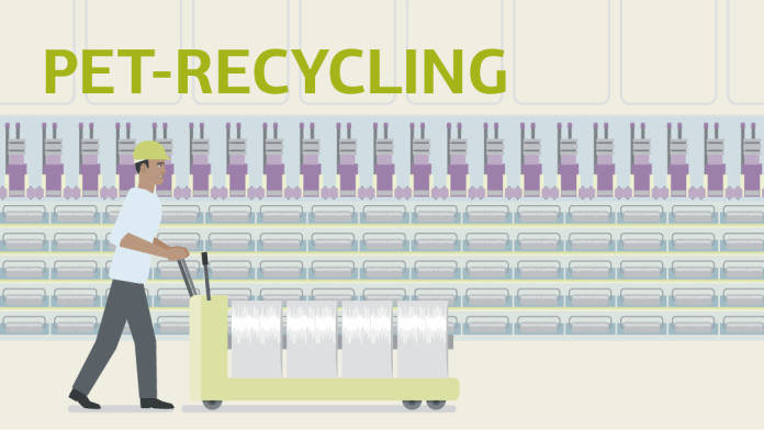 Illustration zu PET-Recycling: eine Person schiebt Rollen durch eine Fabrikhalle
