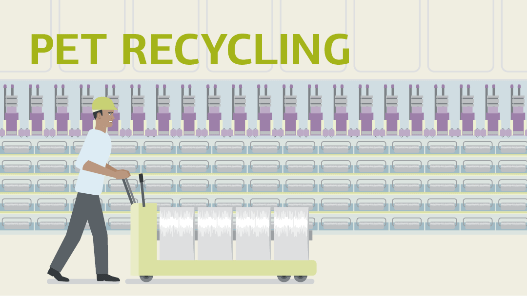 Illustration zu PET-Recycling: eine Person schiebt Rollen durch eine Fabrikhalle