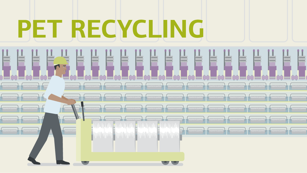 Illustration for recycling of PET bottles: a person is pushing tubes in a production