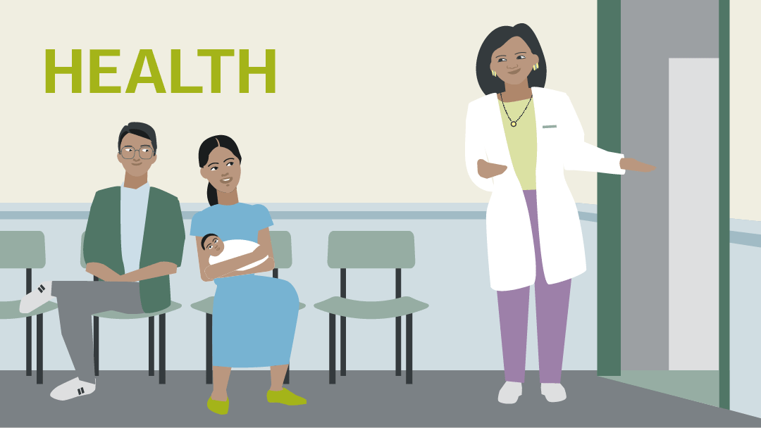 Illustration for healthcare: man, woman and baby are sitting in a waiting room, a doctor is standing in an open door