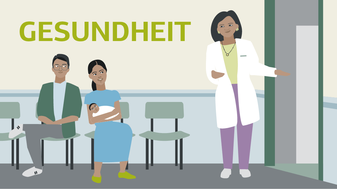 Illustration zu Gesundheit: Mann, Frau und Baby im Wartezimmer, an der Tür steht eine Ärztin