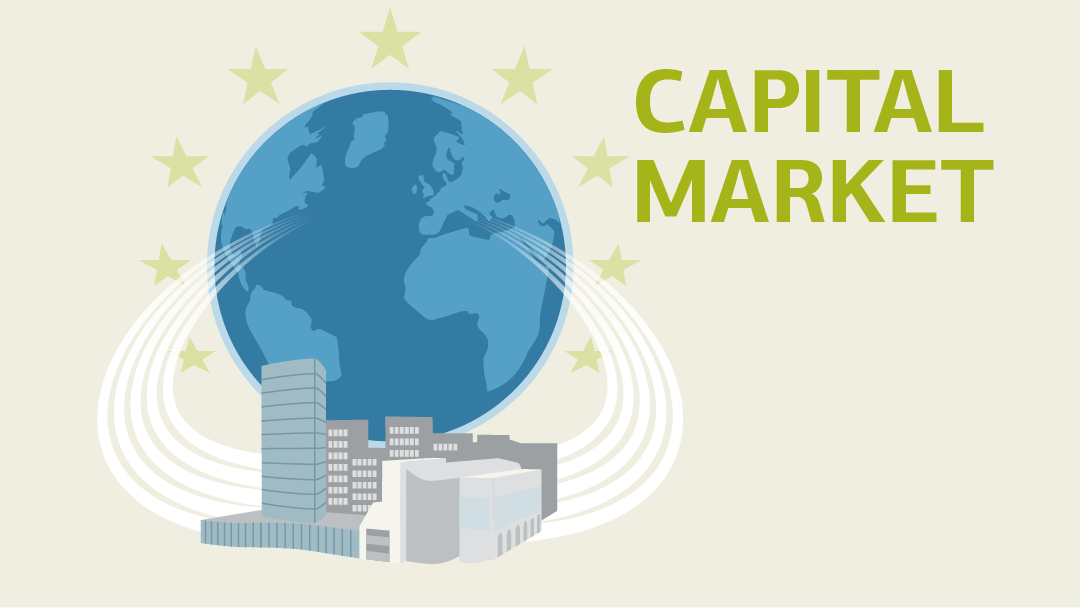 Illustration zu Kapitalmarkt: Bürogebäude vor einer Weltkugel umgeben von den Sternen der EU