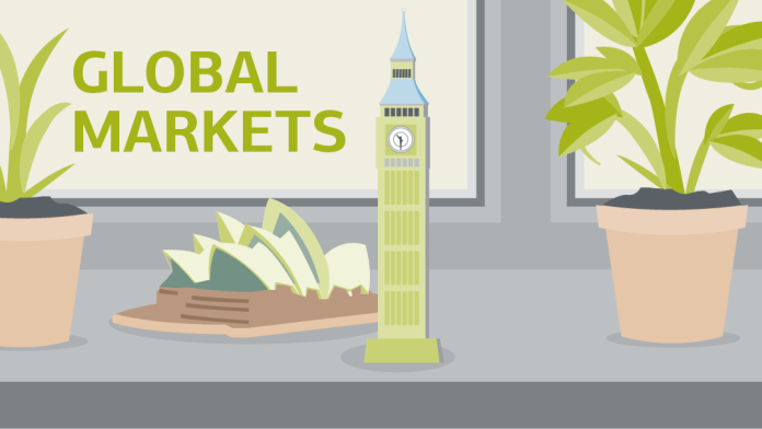 Illlustration on global markets: Opera/Sydney and Tower/London