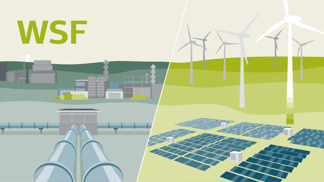 Illustration on the topic of WSF with pipe lines, solar panels and wind mills