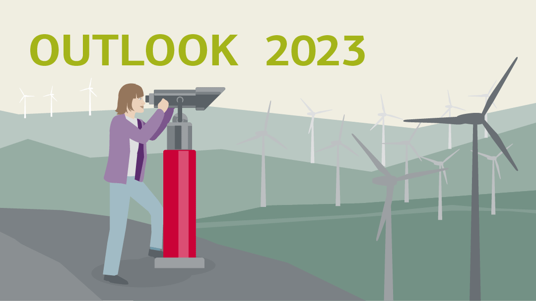 Illustration for Outlook 2023: Person looking through a telescope, wind turbines in the background