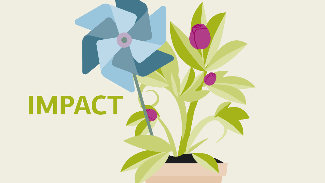 Illustration of a green potted plant with a small blue windmill in the ground