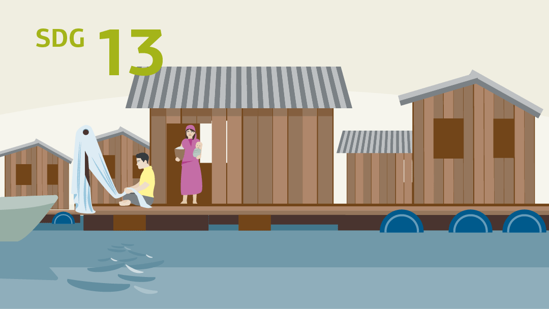 Ilustration zu Überflutungen durch Klimawandel: Hütten auf einem Steg, ein Fischer repariert sein Netz