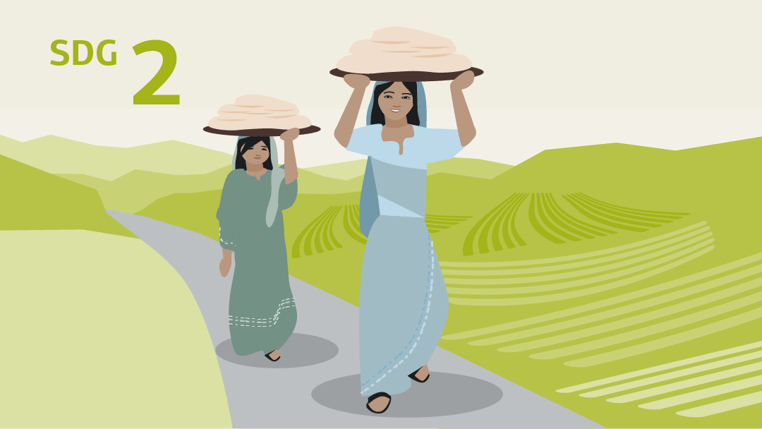 Illustration for "food security": two women carry sacks on ther heads with grain inside