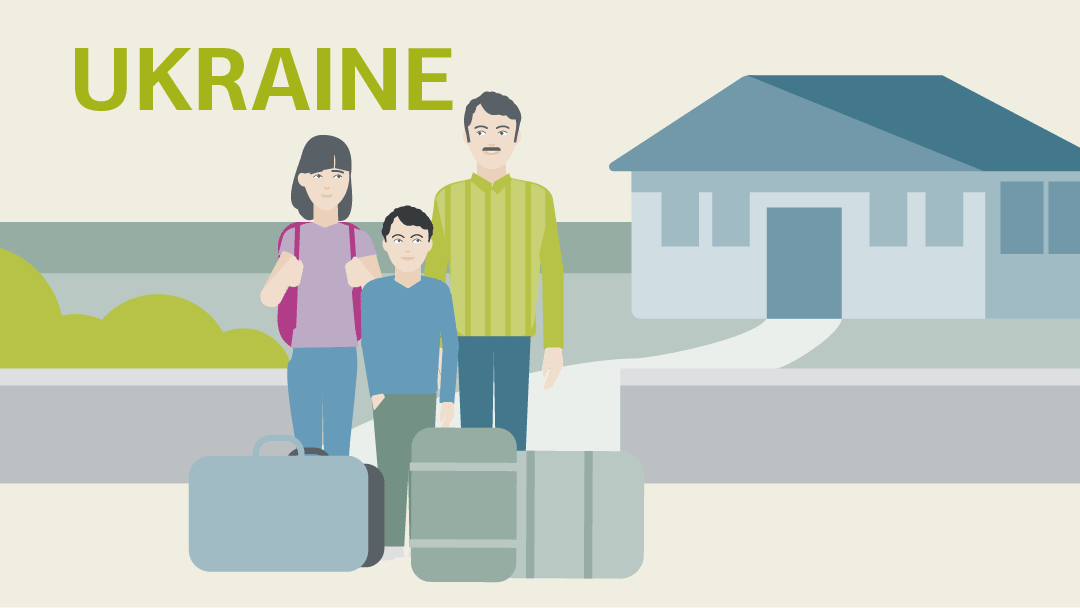 Illustration zu Ukraine-Hilfen: eine Familie mit Koffern, im Hintergrund ein Haus