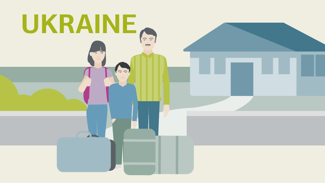 Illustration for Ukraine aid: a family with luggage, a house in the background