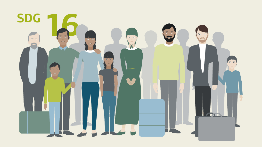 Illustration for SDG 16: people with luggage are gathering