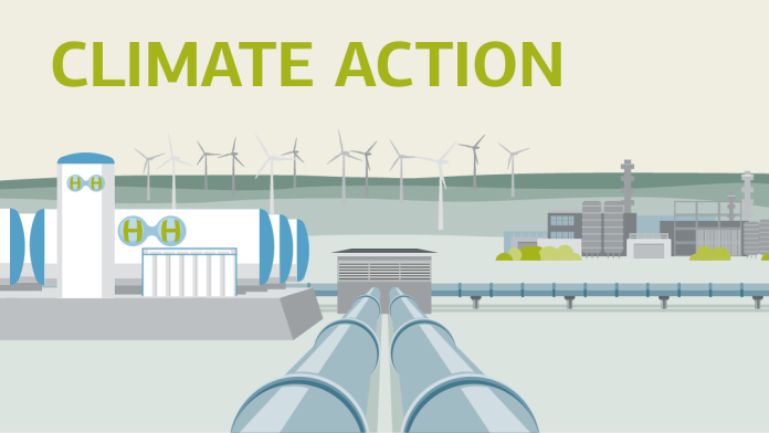 Illustration for cliamte action: pipelines, a wind farm in the background