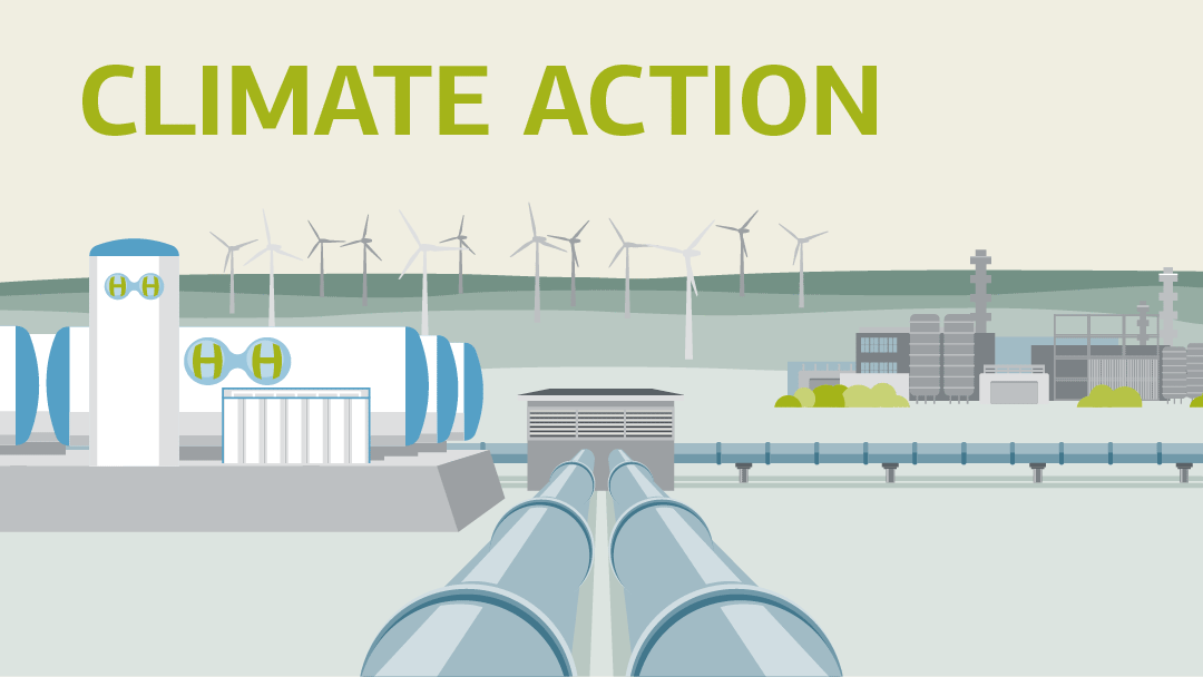 Illustration for cliamte action: pipelines, a wind farm in the background