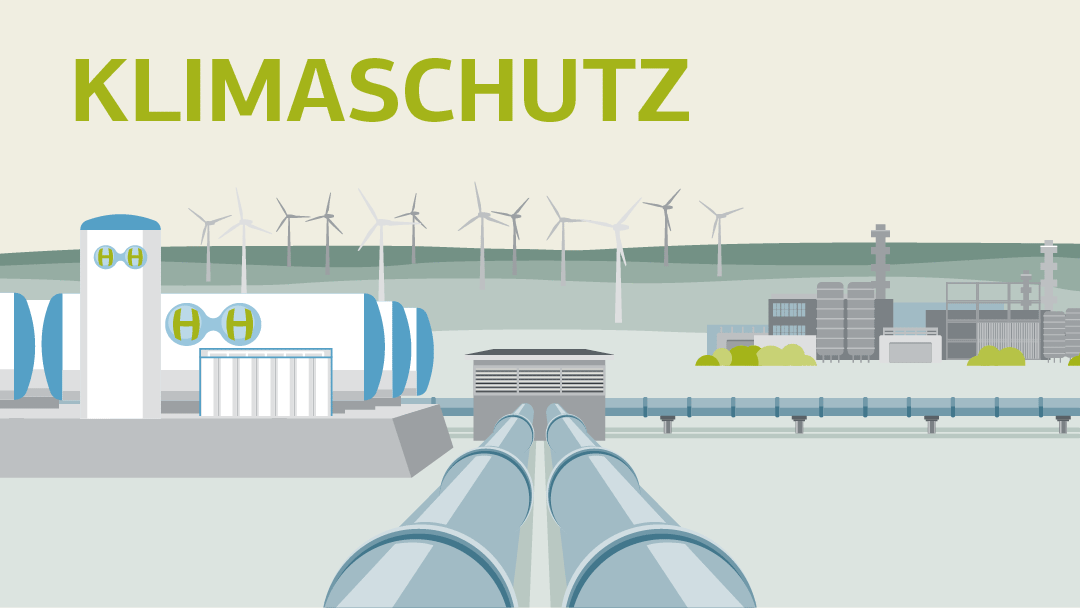 Illustration zu Klimaschutz: Pipelines, Kühltürme, im Hintergrund Windräder