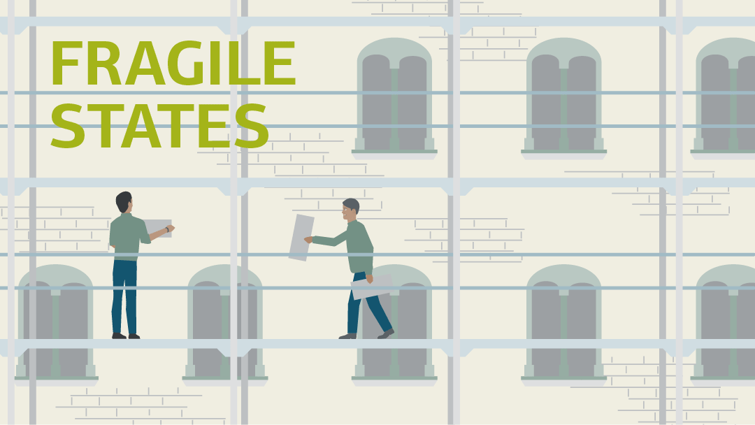 Illustration zu Fragile Staaten: Personen auf einem Gerüst an einem Gebäude