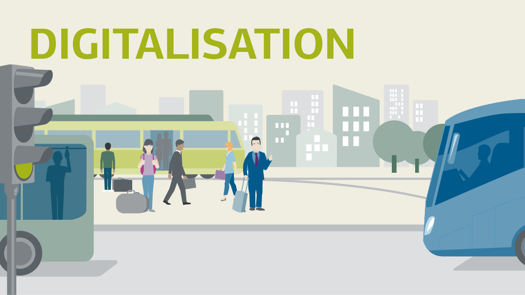 Illustration for digitalisation: people, tram in the background, trafffic light and bus in the foreground