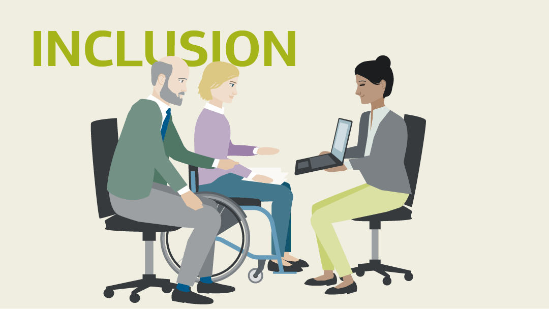 Illustration for "inclusion": 3 persons are looking a laptop together