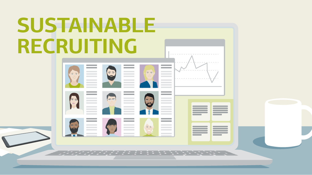 Illustration for "sustainable recruiting": a laptop, portraits of persons on the screen