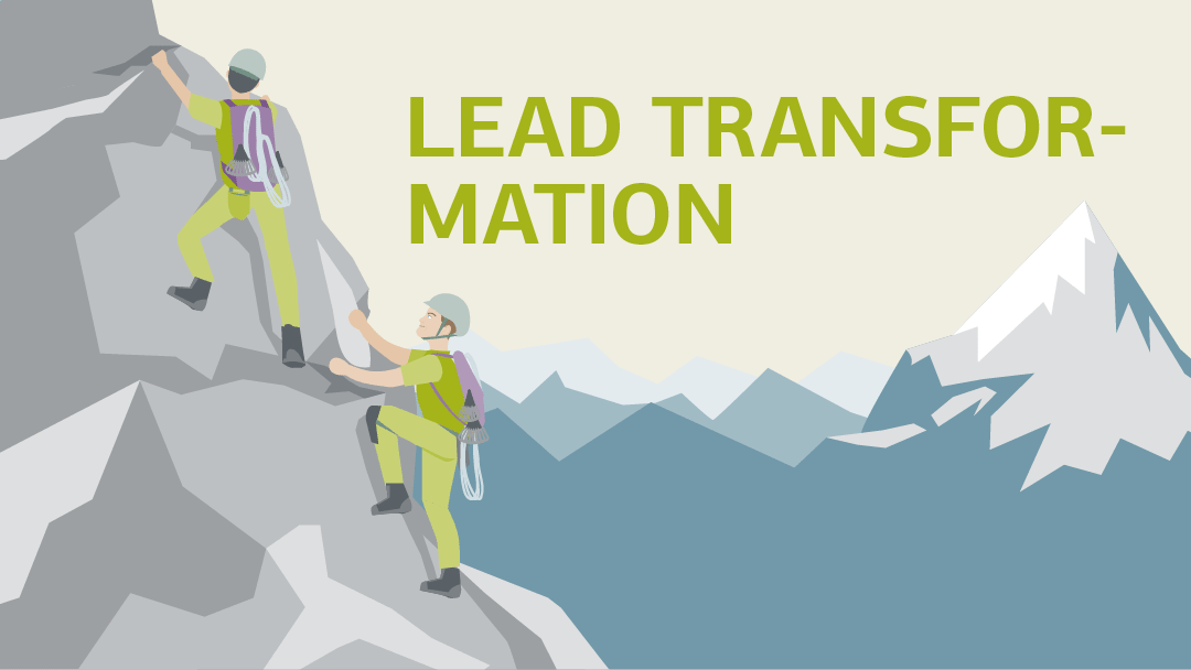 Illustration zu Lead Transformation 2.0: Zwei Personen klettern einen Berg hoch.