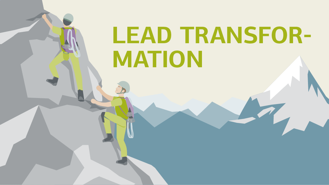 Illustration for "Lead Transformation 2.0": 2 people are hiking in the mountains