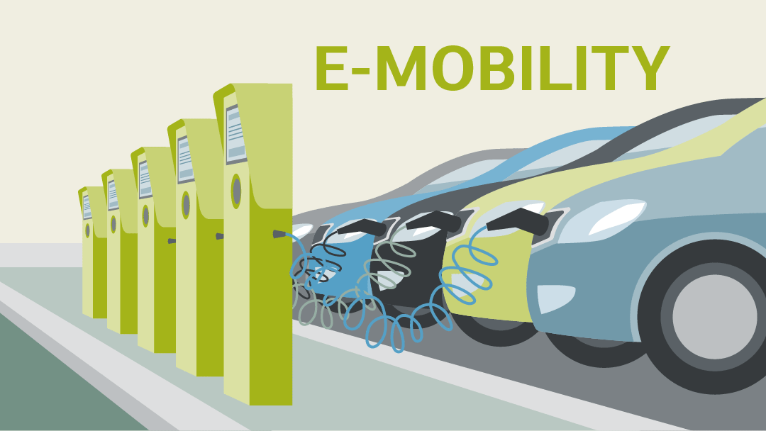Illustration zu E-Mobilität: Fahrzeuge an Ladesäulen