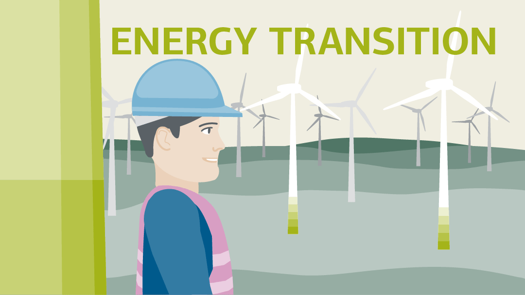 Illustration for energy transition: a man is standing next to a wind engines, in the background a windfarm