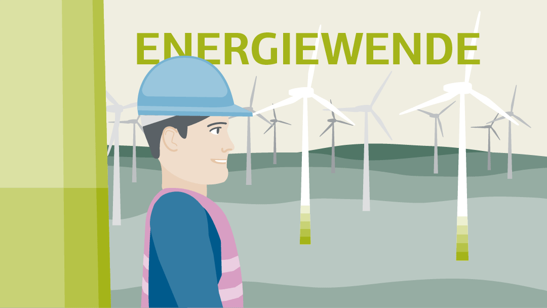 Illustration zu Energiewende: ein Arbeiter neben einem Windrad, im Hintergrund viele weitere Windräder