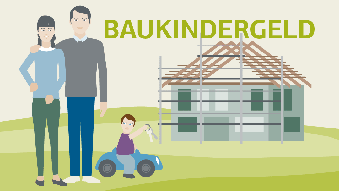 Illustration for Baukindergeld: a couple with a child is standing in front of a new building