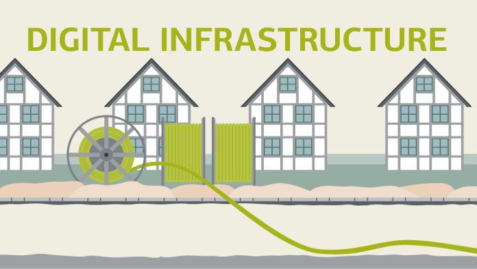 Illustration for digital infrastructure: fibre optics, buildings in the background