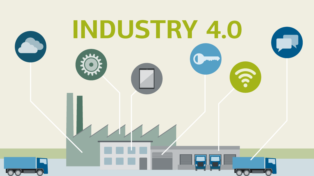 Illustration of industry 4.0: an industrial building, lorries and a network with 5 symbols