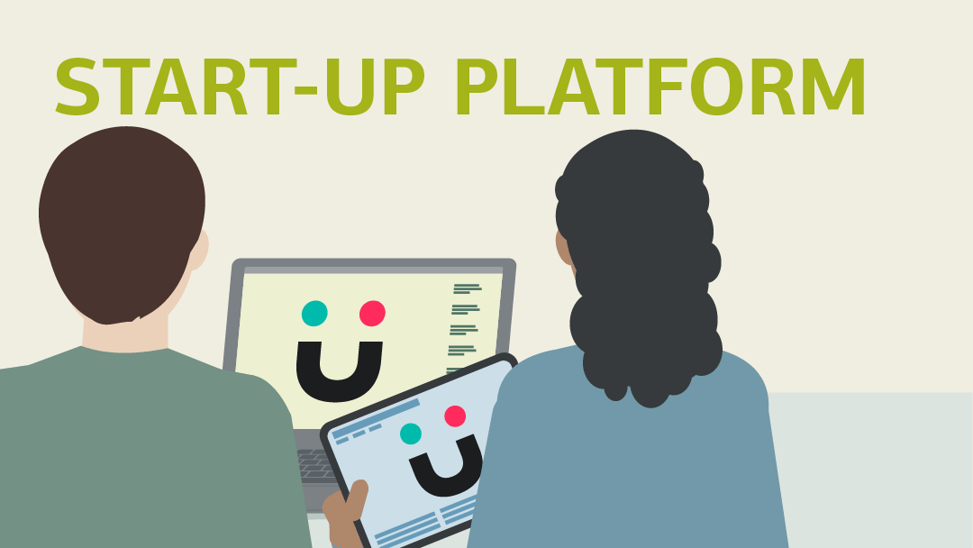 Illustration for start-up platform: two people are looking on a screen together
