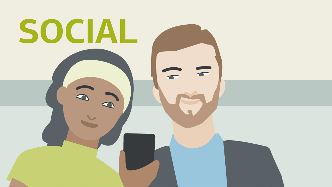 Ilustration for social media: two people are looking on a mobile screen